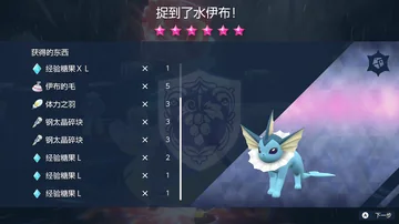 捉到了水伊布！
获得的东西
经验糖果XL
伊布的毛
体力之羽
钢太晶碎块
钢太晶碎块
经…